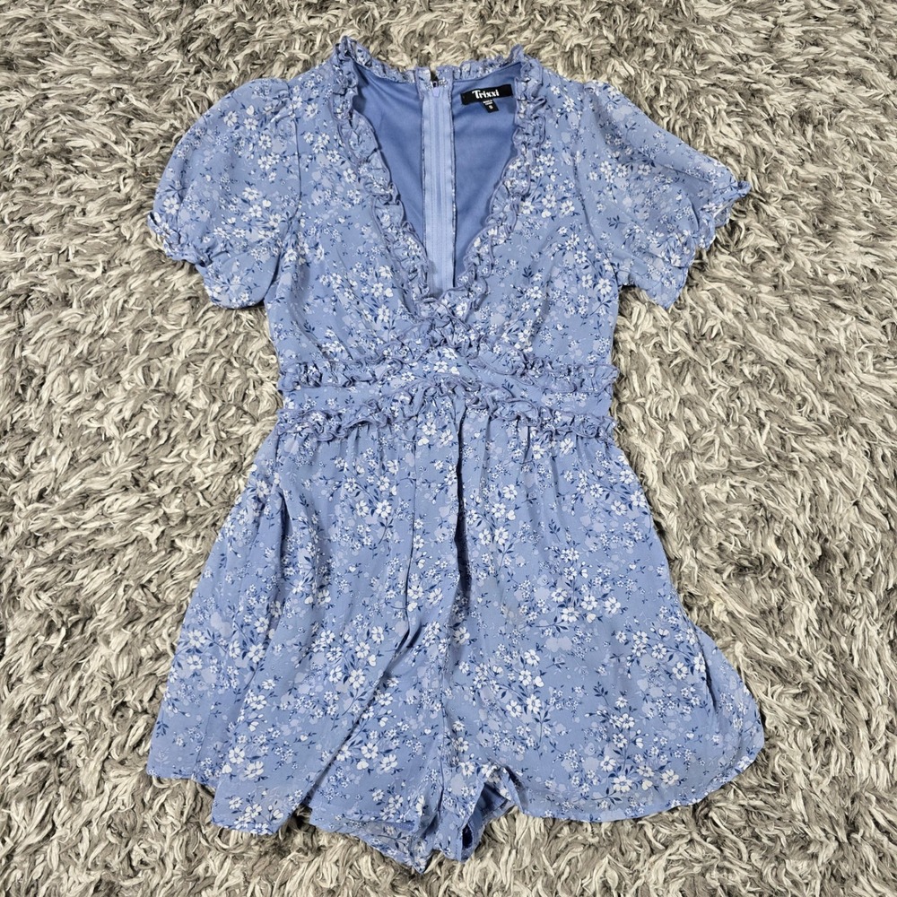 Trixxi Womens Blue Floral Ruffle V-Neck Short Sleeve Romper Size S